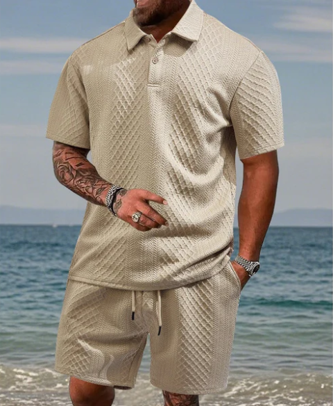 Men’s Diamond Pattern Short Sleeve Shirt & Drawstring Shorts Set
