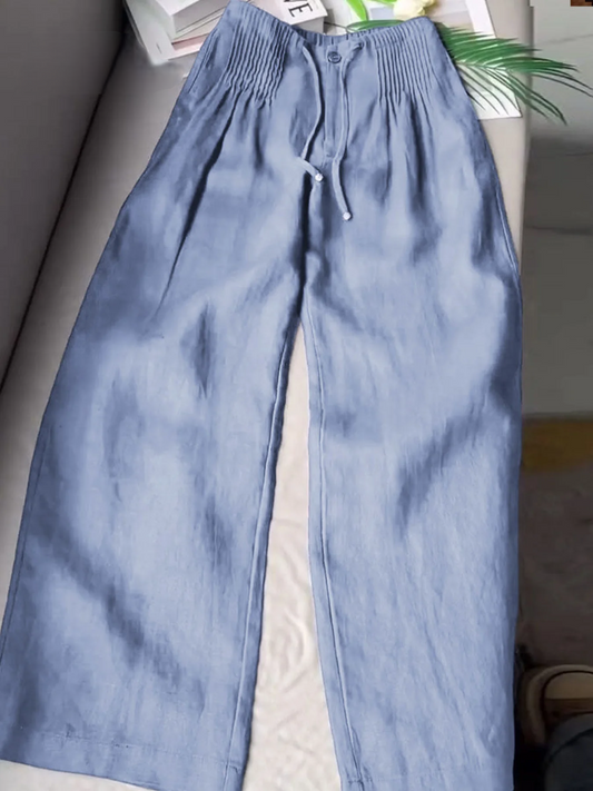 Women’s Pleated Drawstring Wide Leg Cotton Linen Trousers
