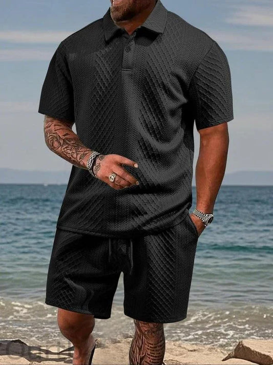 Men’s Textured Polo Shirt & Drawstring Shorts Set