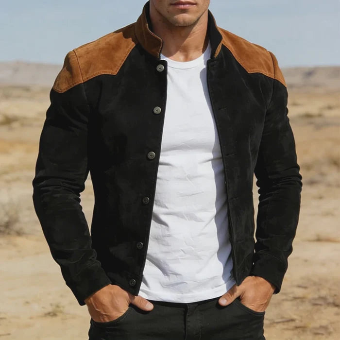 Men’s Retro Colour Block Faux Suede Button Jacket