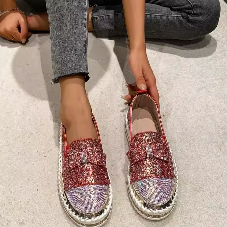 Women's Sequin Bow Loafers - Platform Flats in Wine Red