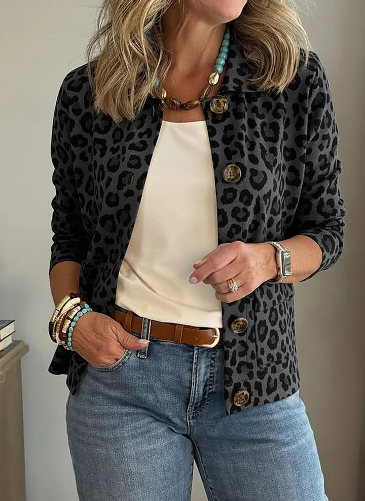 Women's Casual Lapel Leopard Print Pocket Jacket