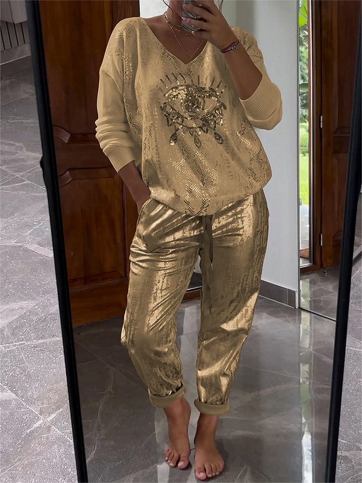 Women’s Metallic Lounge Two Piece Set with V Neck Top