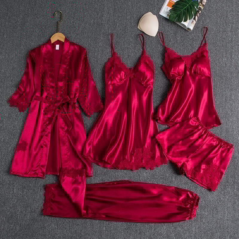 Women’s Silky Lace-Trim 5-Piece Nightwear Set