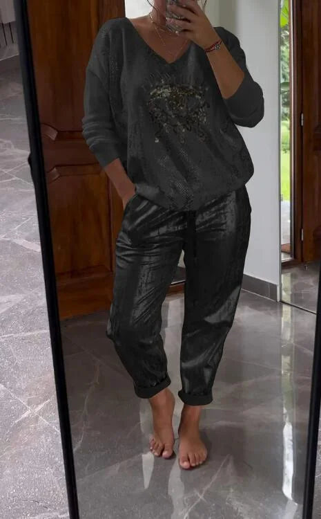 Women’s Metallic Lounge Two Piece Set with V Neck Top