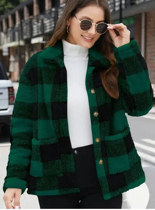 Women’s Checkered Plush Button-Up Jacket