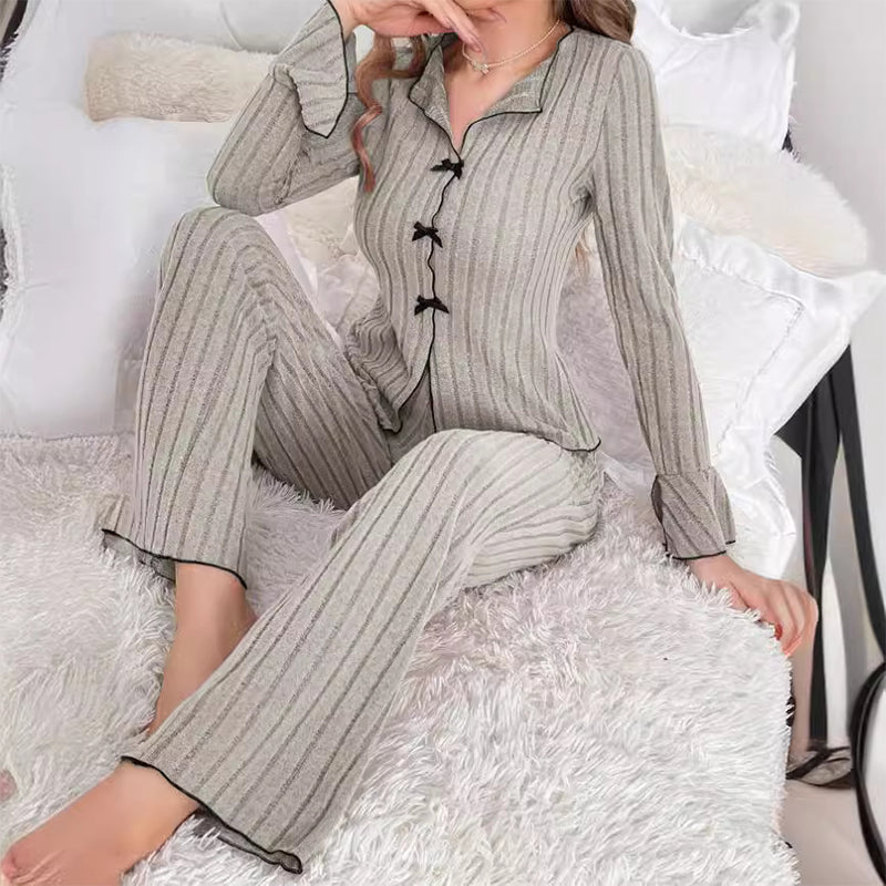 Women’s Ribbed Knit Bow-Detail Lapel Pyjama Set
