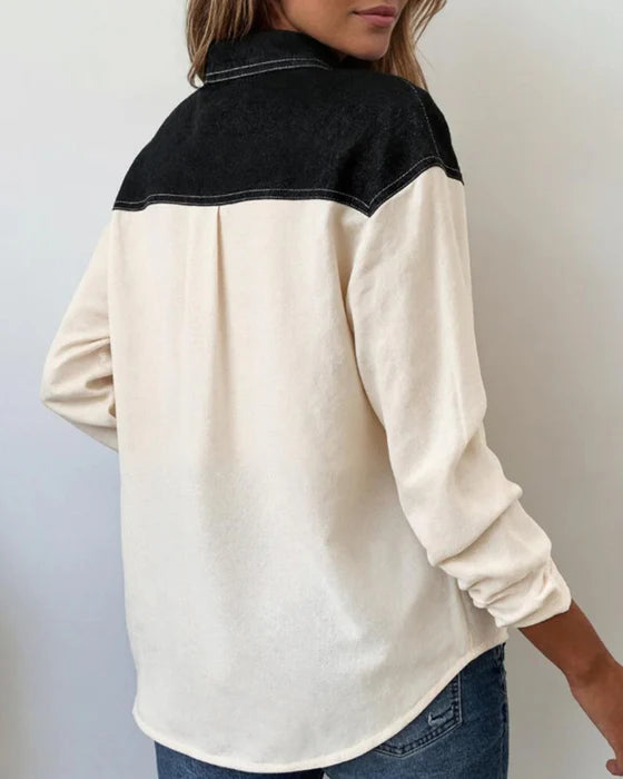 Women's Denim Harmony Patchwork Lapel Blouse