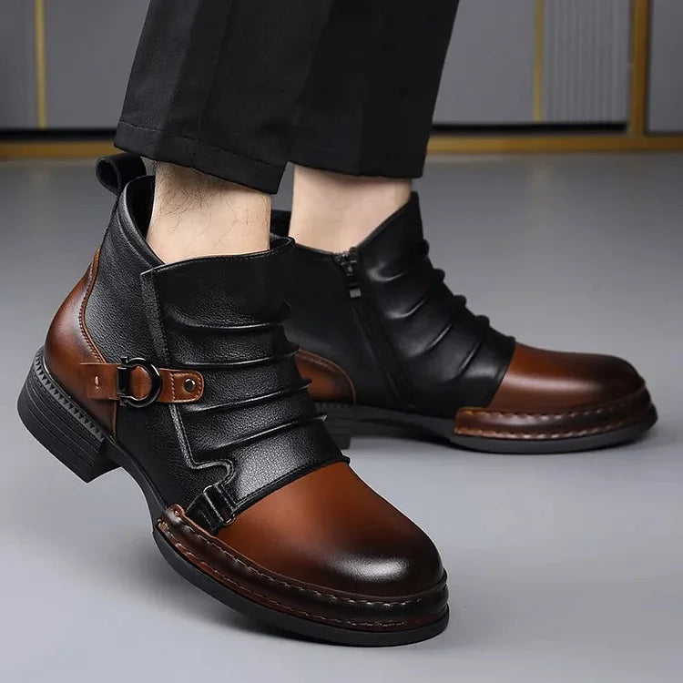 Men’s Genuine Leather Buckle-Detail Ankle Boots