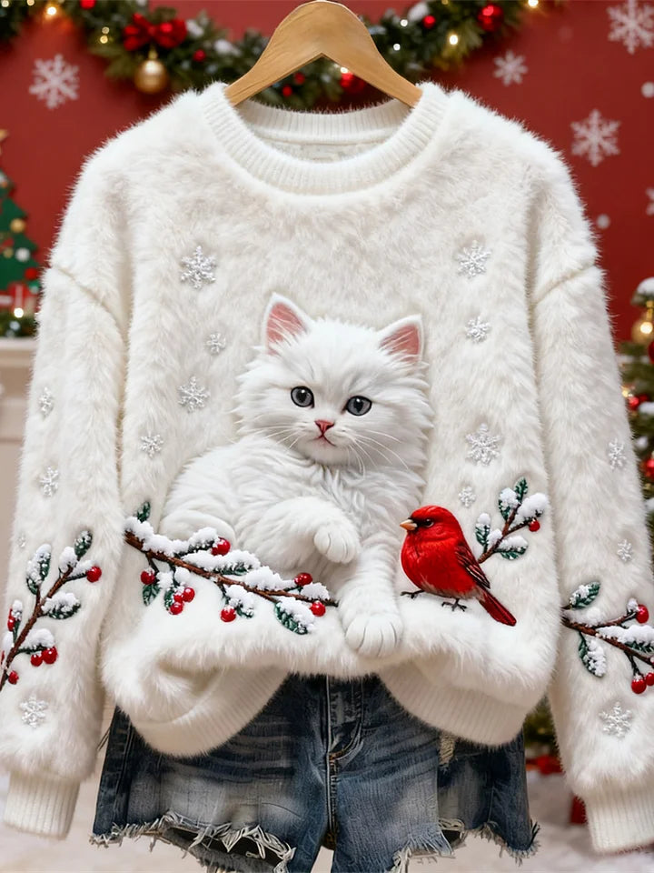 Women’s Festive Cat & Bird Flannel Christmas Sweater
