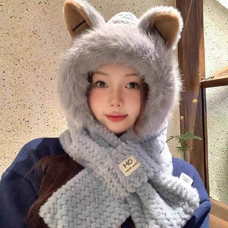 Women’s Plush Hooded Scarf Hat With Ears