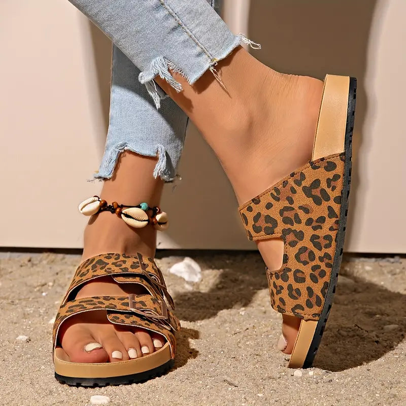 Leopard Print Adjustable Slip-On Sandals