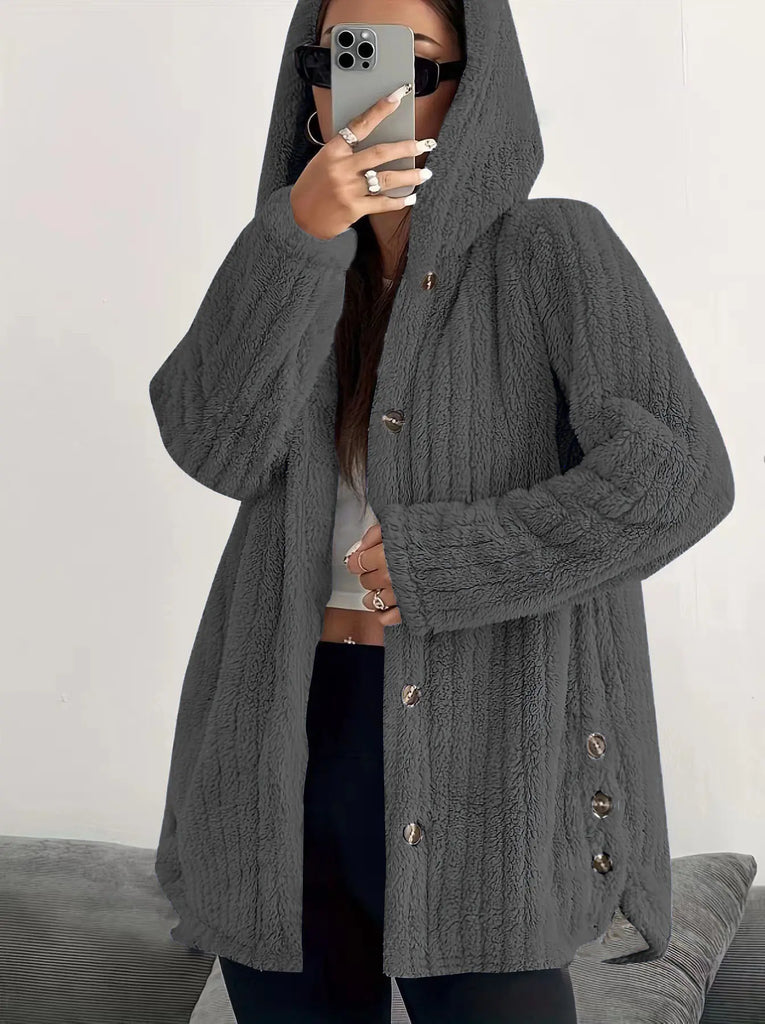 Women’s Longline Hooded Plush Fleece Button Jacket