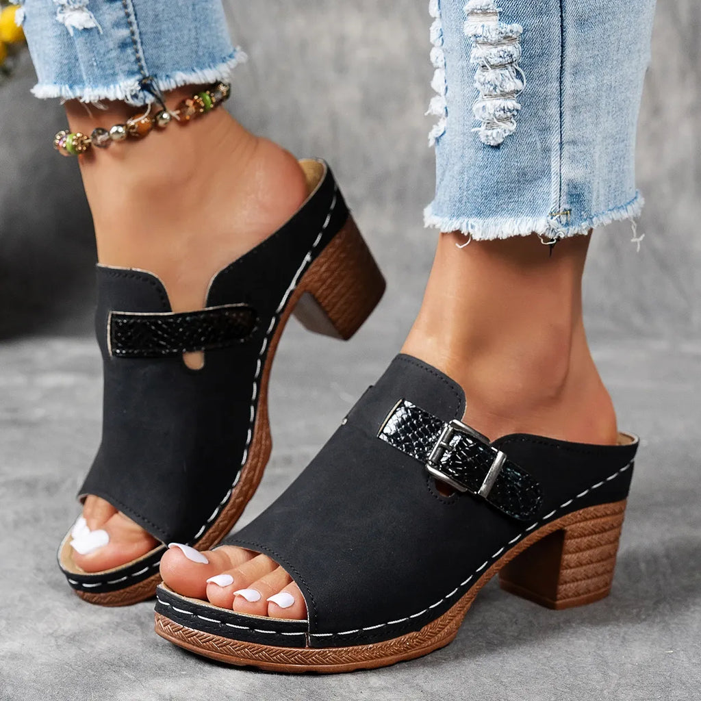 Women's Strappy Wedge Sandals – Adjustable Hook & Loop, Double Buckle Design