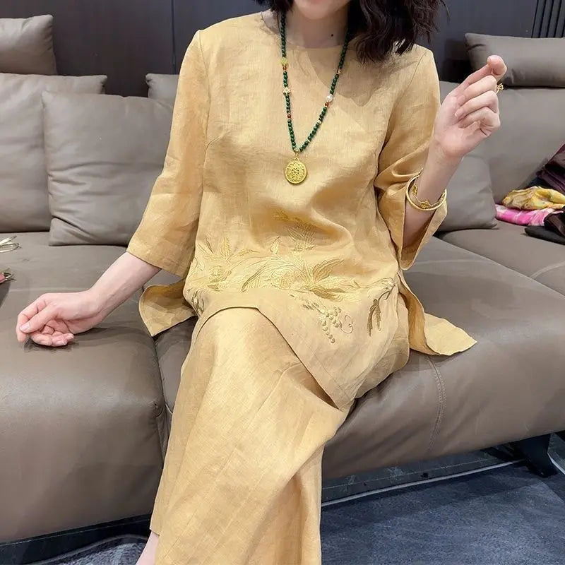 Women’s Embroidered Linen-Blend 3/4 Sleeve Co-Ord Set