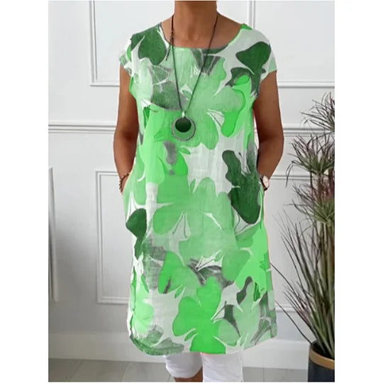 Women’s Butterfly Print Loose Knee Length Dress with Round Neck
