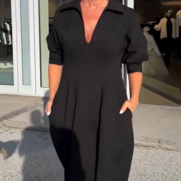 Blooming Elegance V-Neck Midi Dress with Lapel Detail