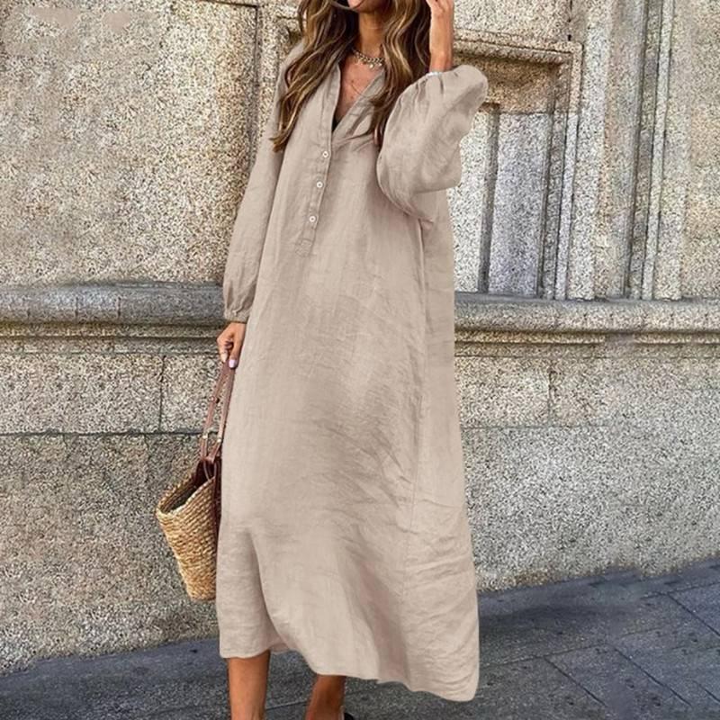 New cotton and linen solid color long sleeve V-neck dress