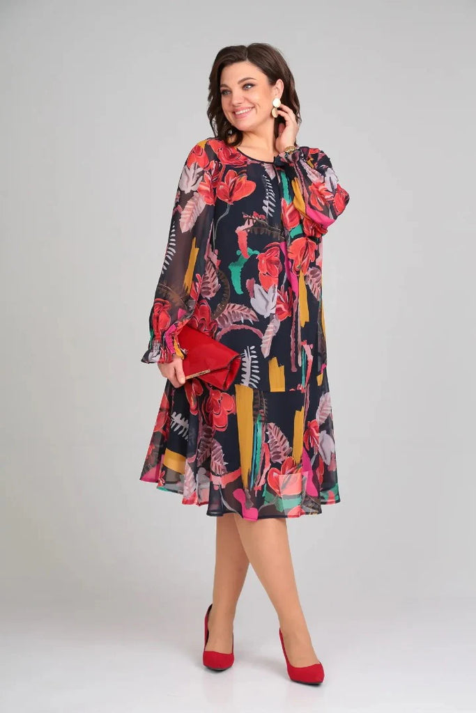 Women’s Modern Floral Tie-Back Midi Dress