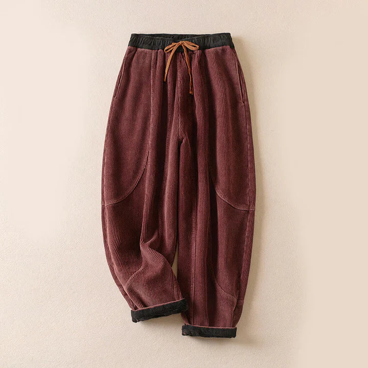 Women’s Contrast-Cuff Thermal Corduroy Harem Trousers with Pockets