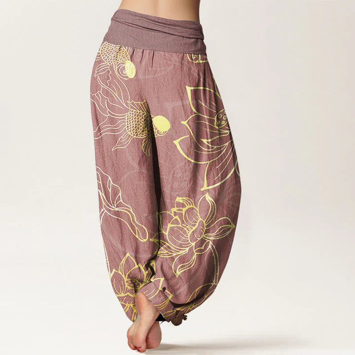 Pantalon harem taille élastique en coton pour femme, motif carpes koï et lotus