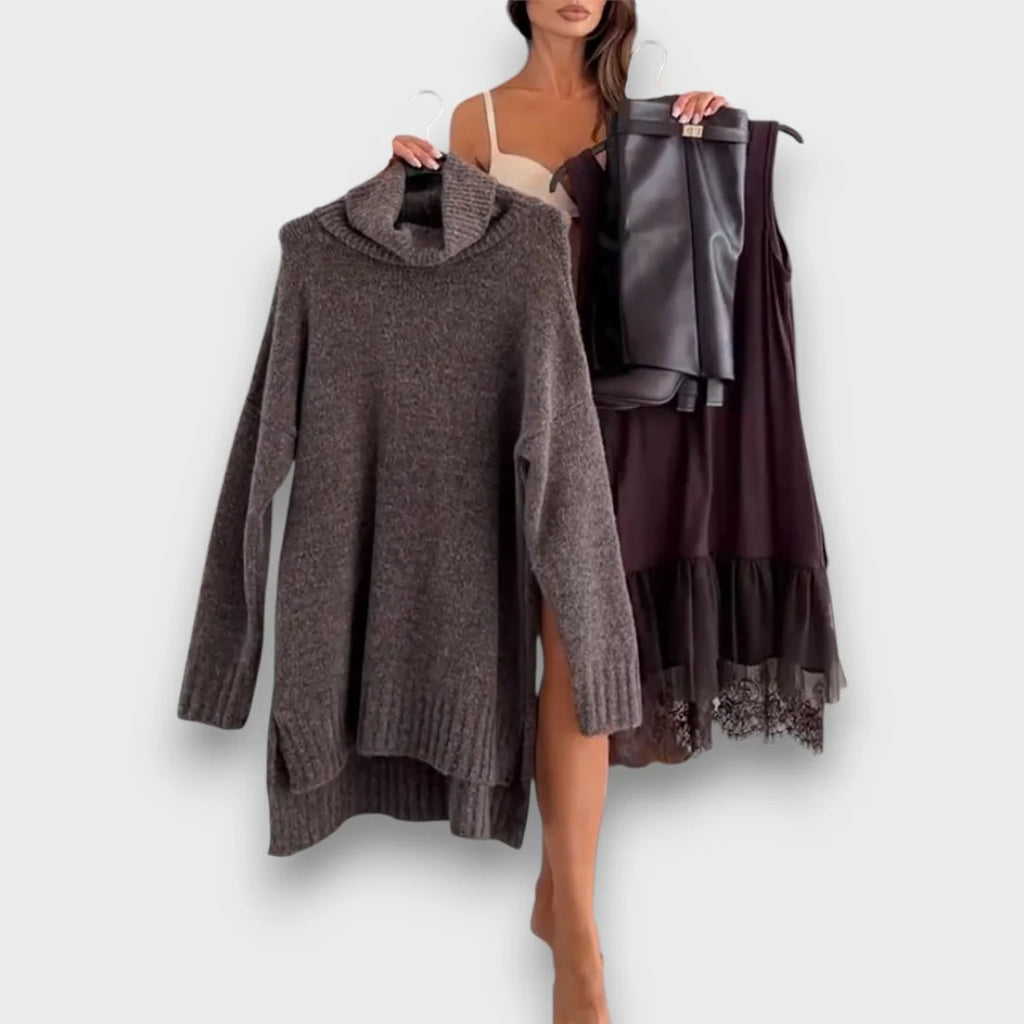 Women’s Knit Turtleneck Jumper and Lace Hem Slip Dress Set