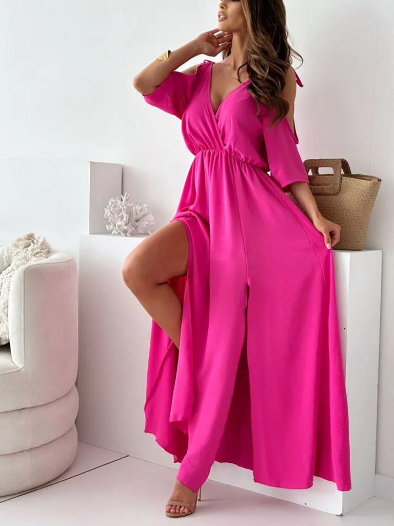 Women’s Off Shoulder V Neck Maxi Dress with High Slit