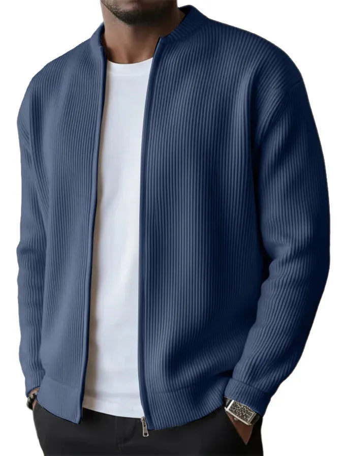 Men’s Ribbed Stand Collar Waffle Knit Button-Up Cardigan Jacket