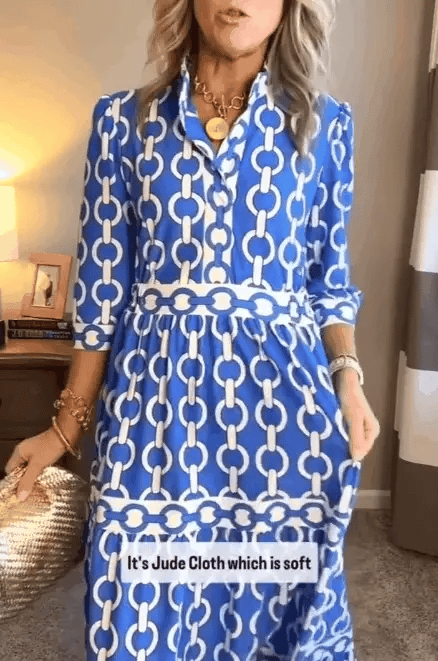 Women’s Geometric Print V Neck Tiered Maxi Dress with Pockets