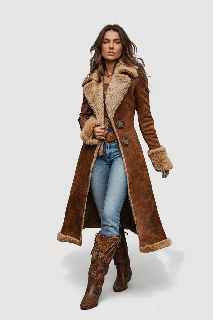 Women’s Longline Shearling-Trim Suede-Look Winter Coat