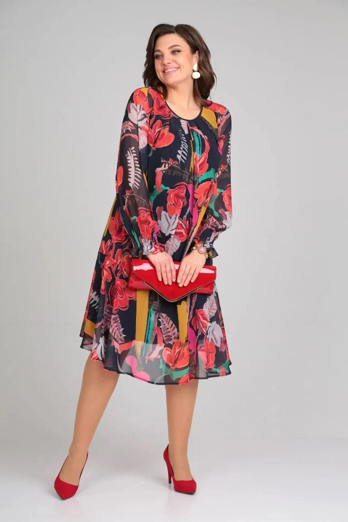 Women’s Modern Floral Tie-Back Midi Dress