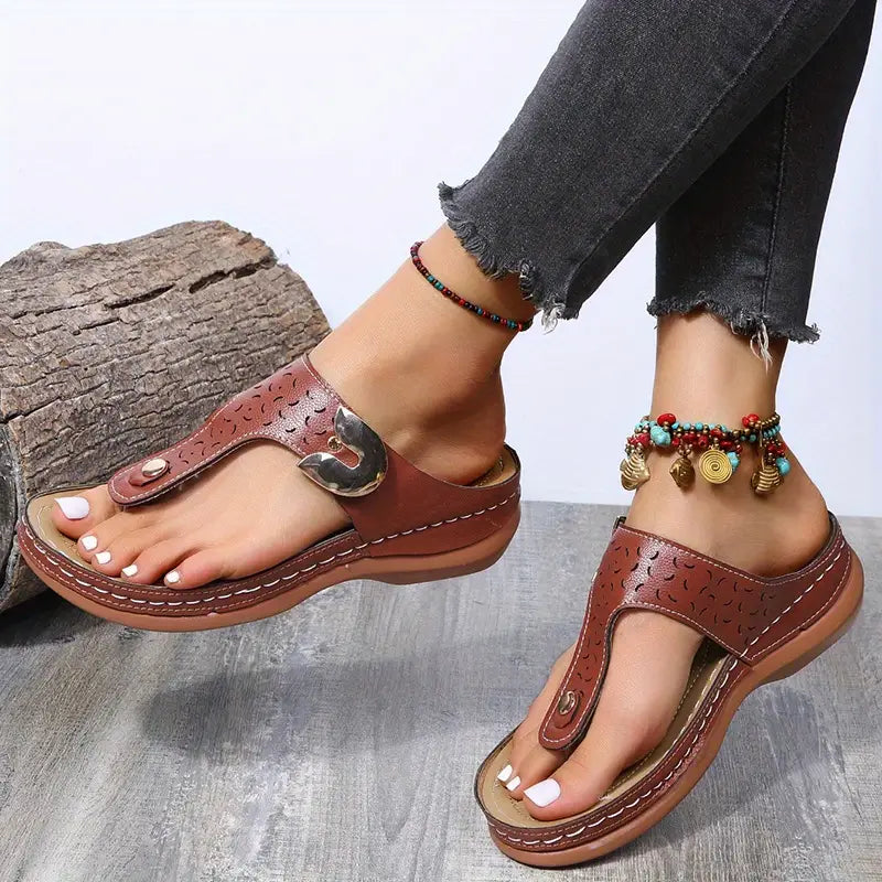 Women’s T-Strap Buckle Sandals – Comfortable Mid-Heel Slip-On