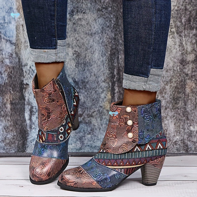 Women’s Patchwork Print Side Zip Ankle Boots