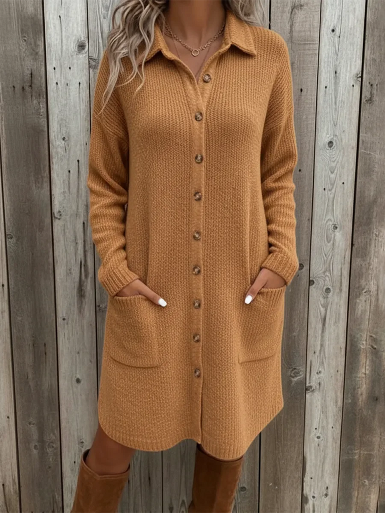 Women’s Knit Midi Shirt Dress with Pockets