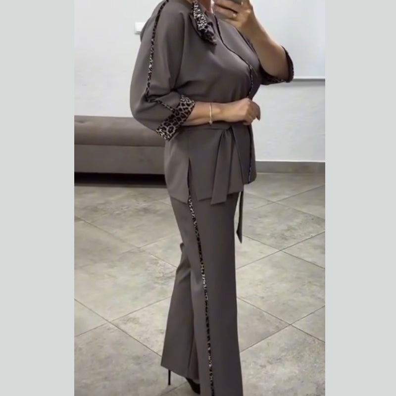 Women’s Leopard-Trim Belted Wide-Leg Suit Set