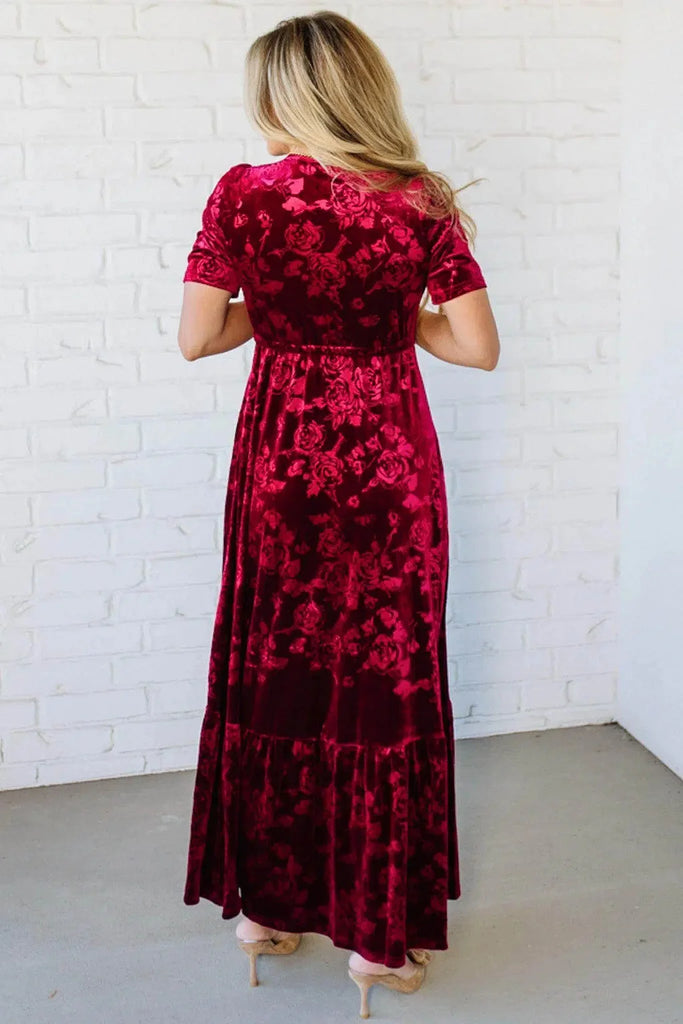 Women’s Embossed Velvet Button-Front Lace-Trim Maxi Dress