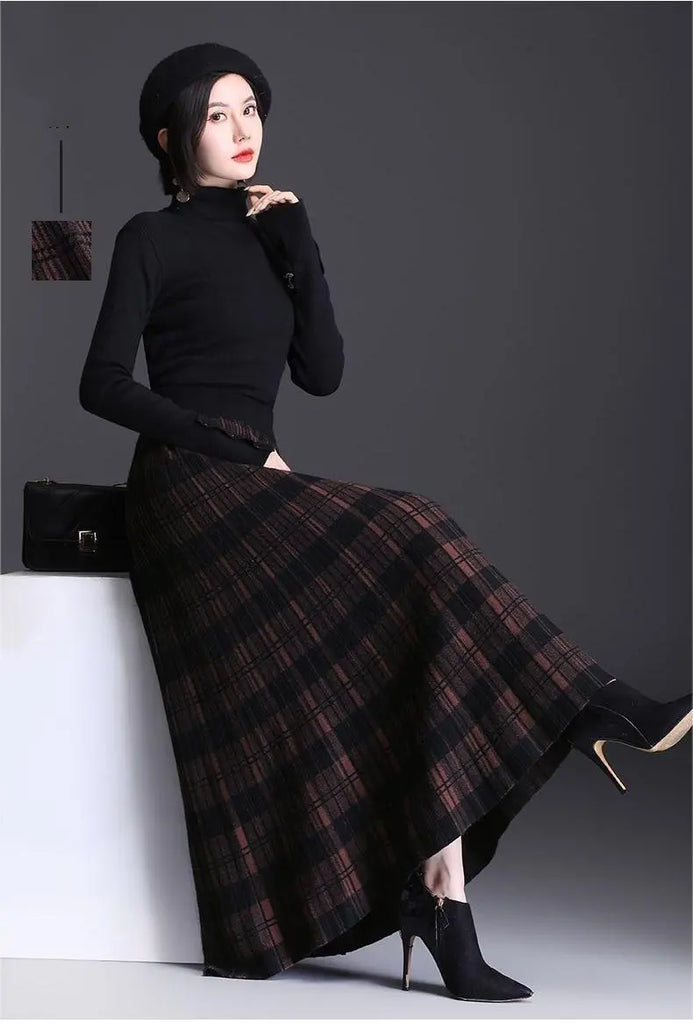 Women’s Knitted Wool Blend Plaid Maxi Skirt