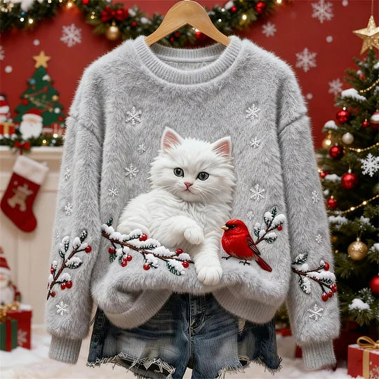 Women’s Festive Cat & Bird Flannel Christmas Sweater