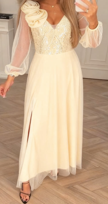 Women’s Sequin Bodice Sheer-Sleeve Floral Detail Evening Maxi Dress