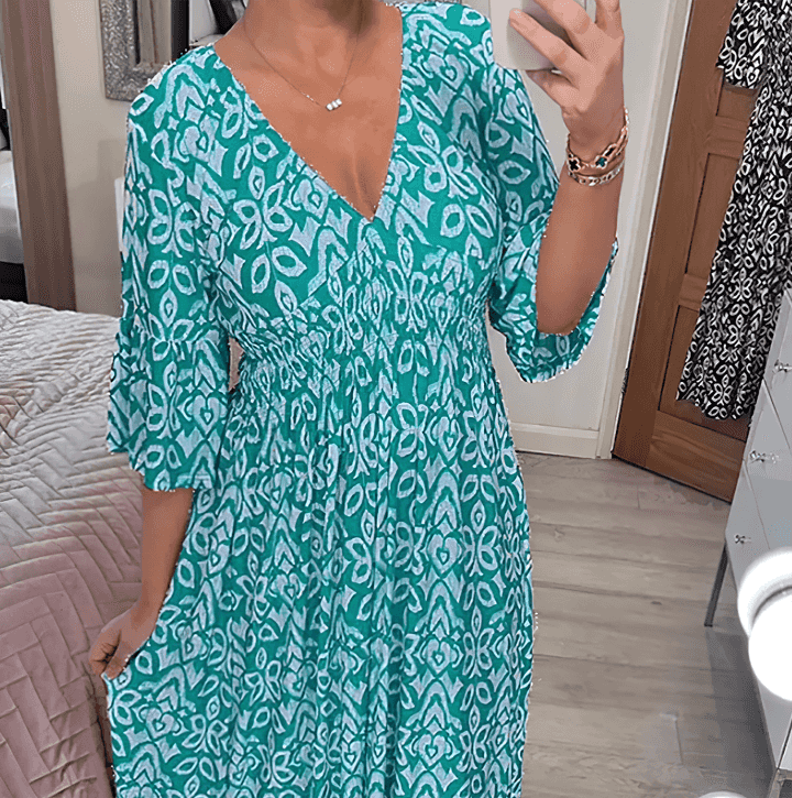 Women’s Flattering V Neck Printed Midi Dress