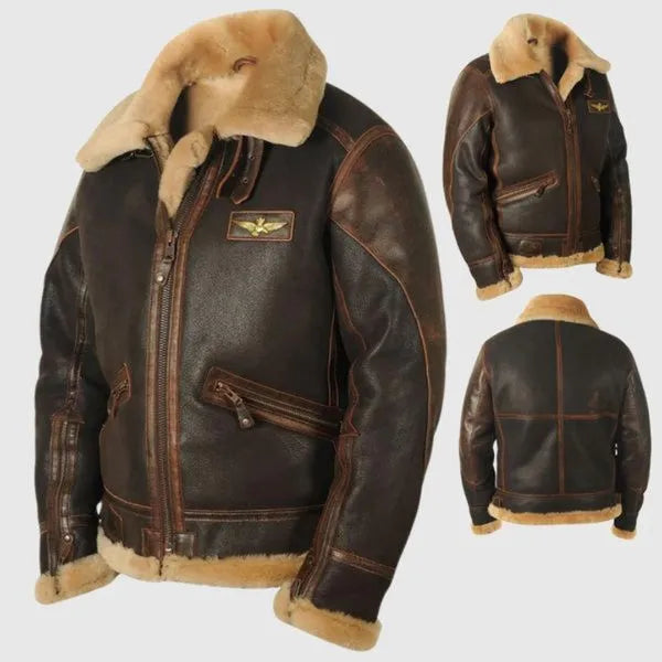 Men's Autumn & Winter Brown Lapel Zipper Pocket Leather Jacket