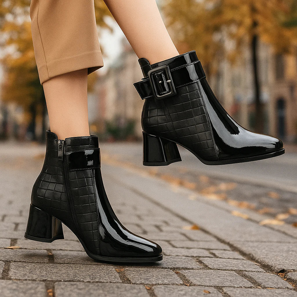 Women’s Polished Leather Buckle Detail Ankle Boots