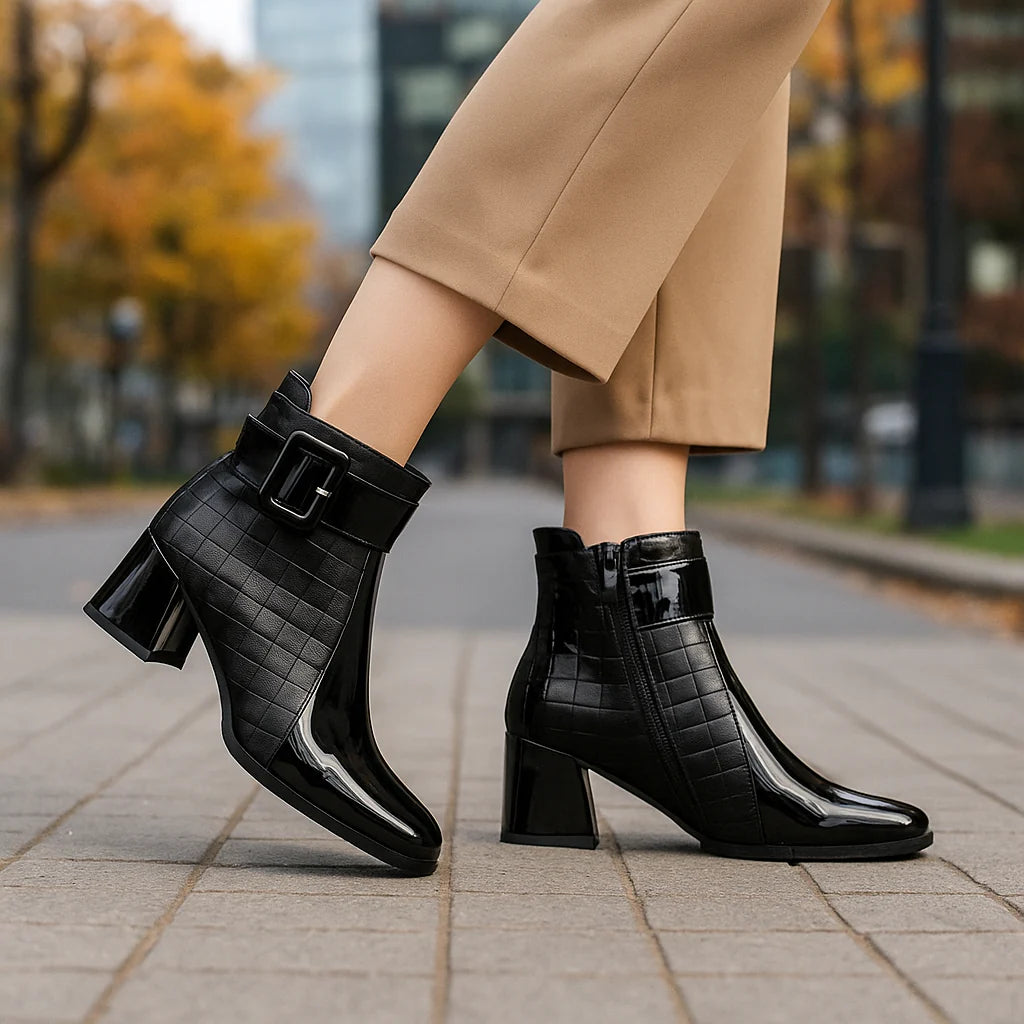 Women’s Polished Leather Buckle Detail Ankle Boots
