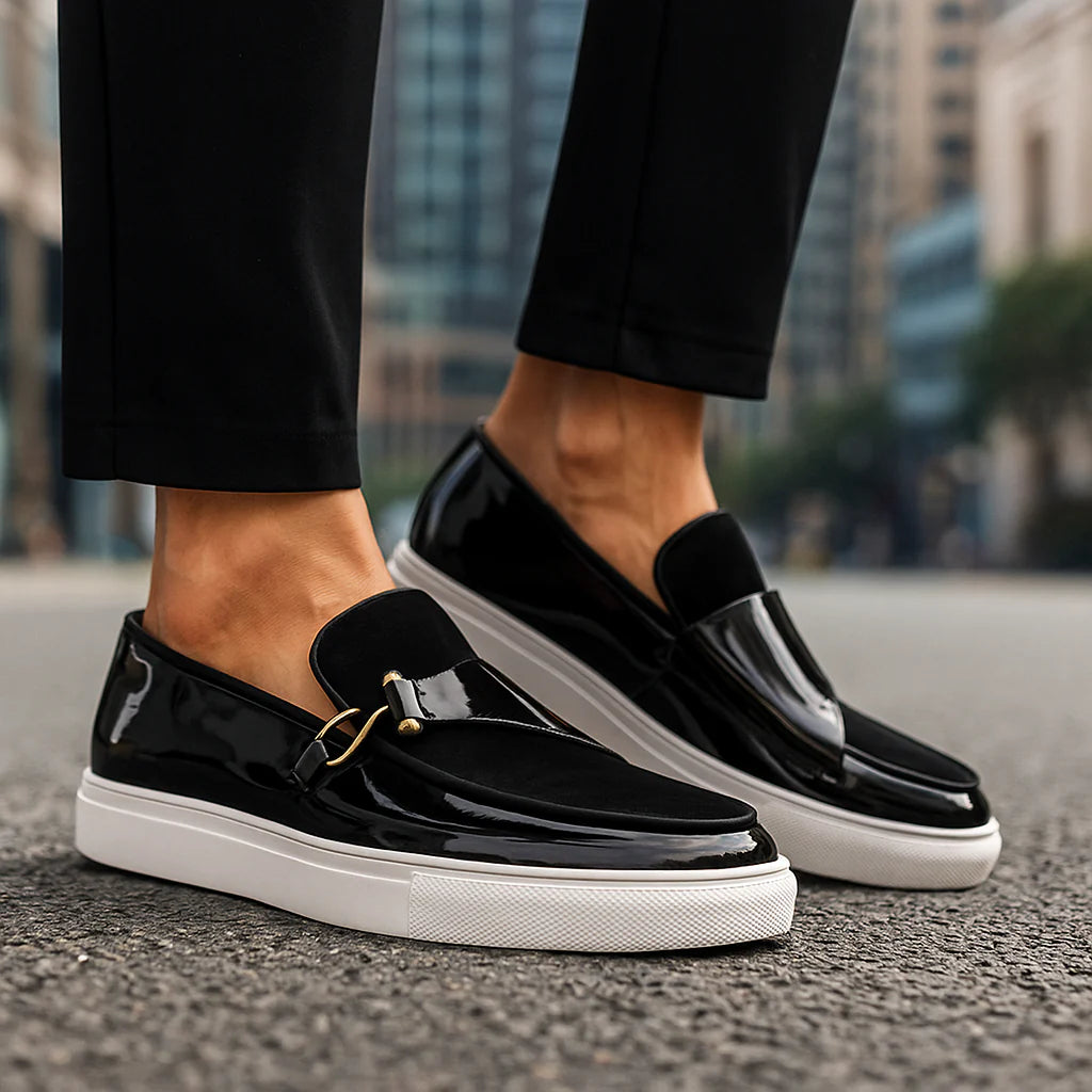 Men’s Textured Leather Gold-Hook Slip-On Trainers