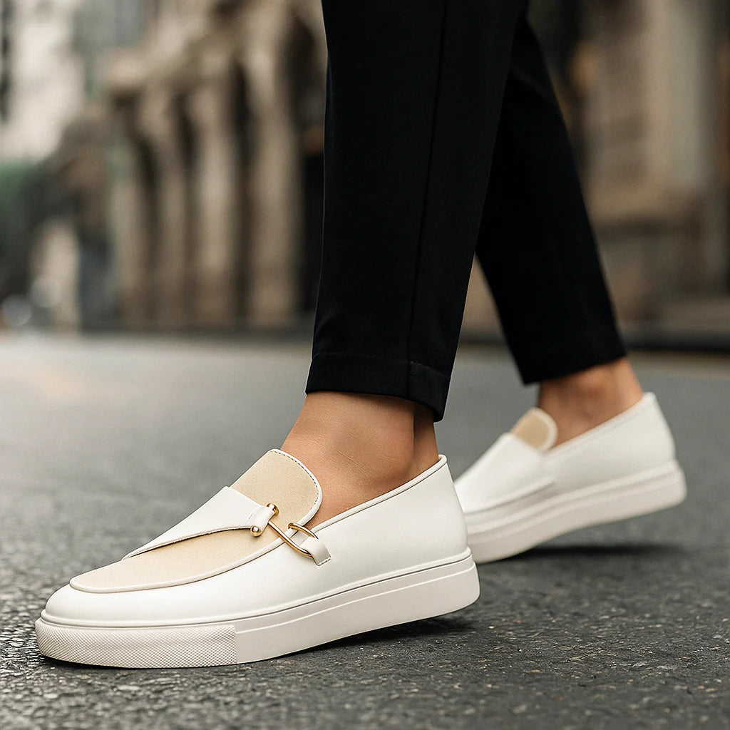 Men’s Textured Leather Gold-Hook Slip-On Trainers
