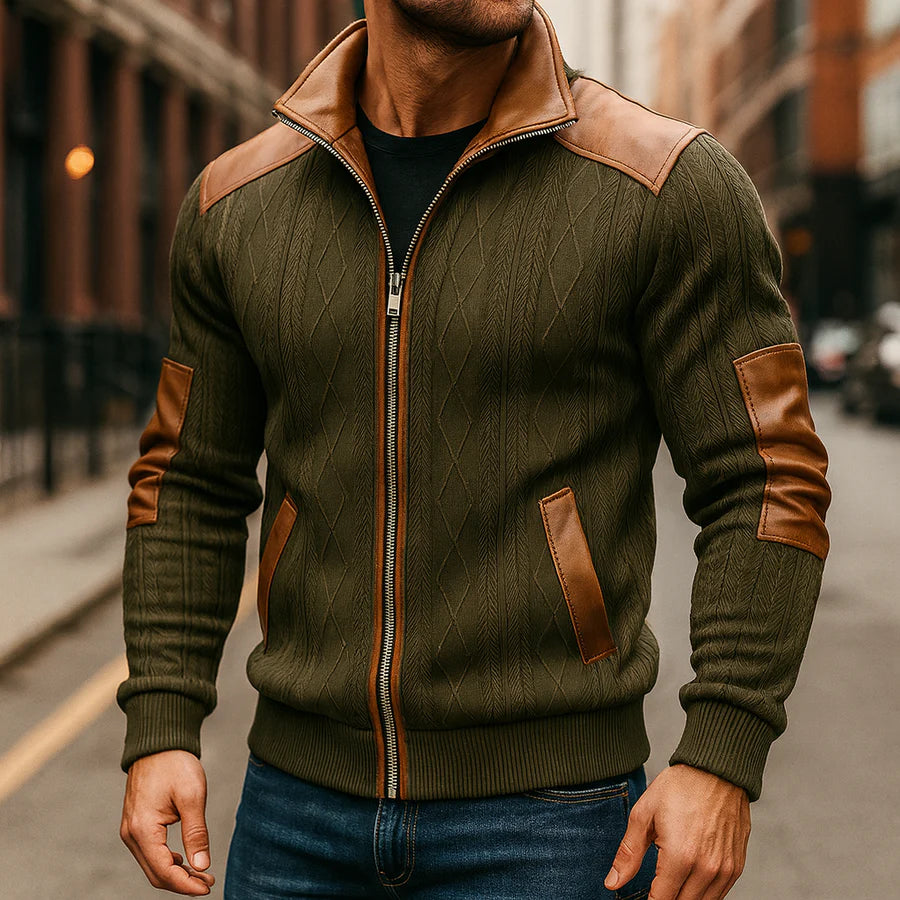 Men’s Knitted Cotton Jacket with Leather Accents and Fleece Lining