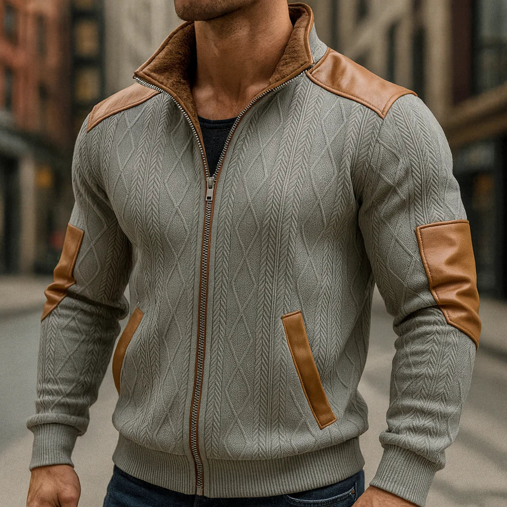 Men’s Knitted Cotton Jacket with Leather Accents and Fleece Lining