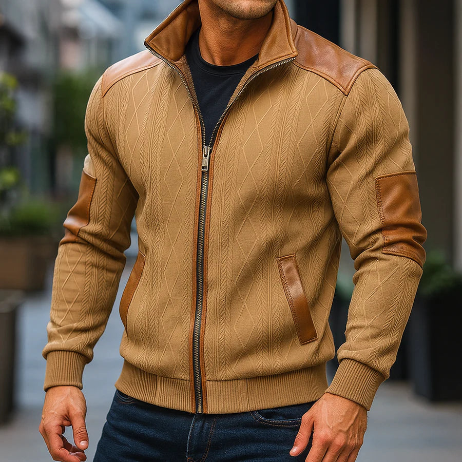 Men’s Knitted Cotton Jacket with Leather Accents and Fleece Lining