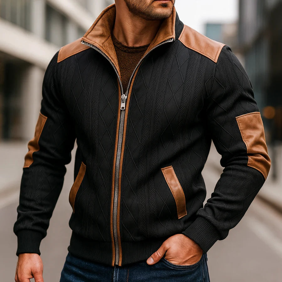 Men’s Knitted Cotton Jacket with Leather Accents and Fleece Lining