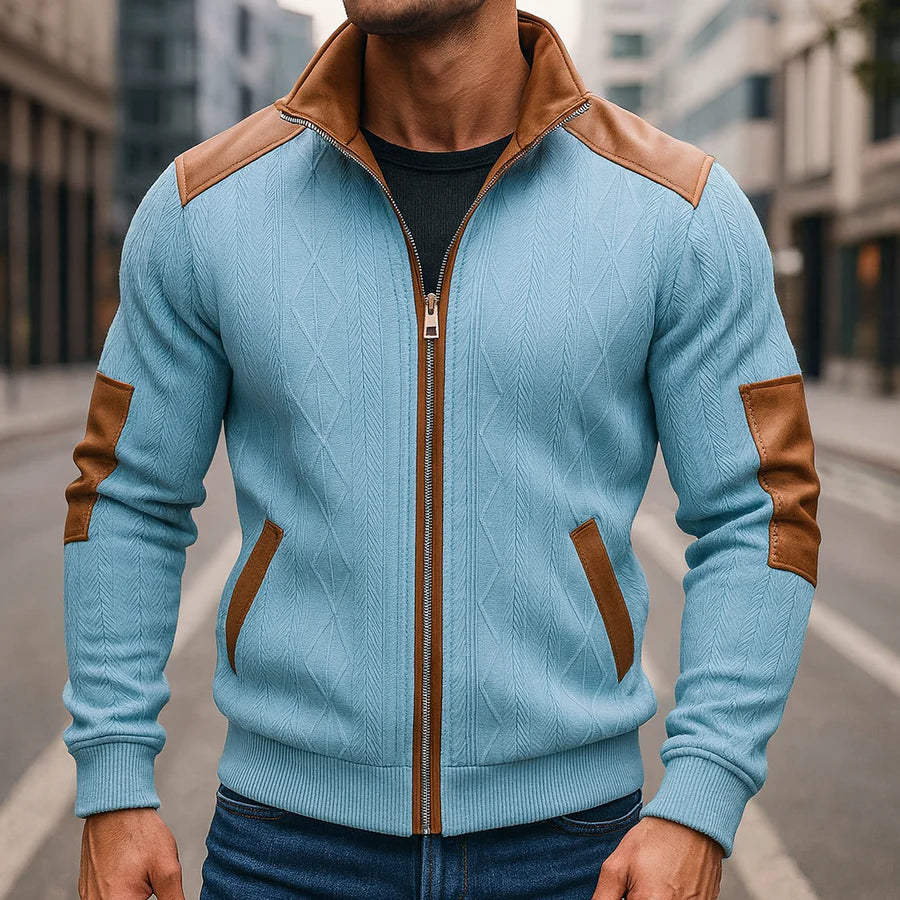 Men’s Knitted Cotton Jacket with Leather Accents and Fleece Lining